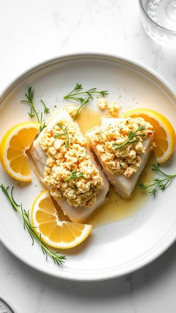 Stuffed cod fillets with crab meat, garnished with herbs and lemon, on a plate.